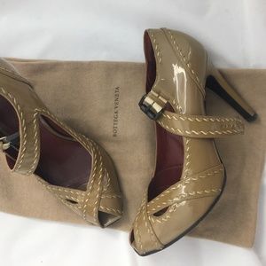 Bottega Veneta patent tan mary jane peep toe pumps